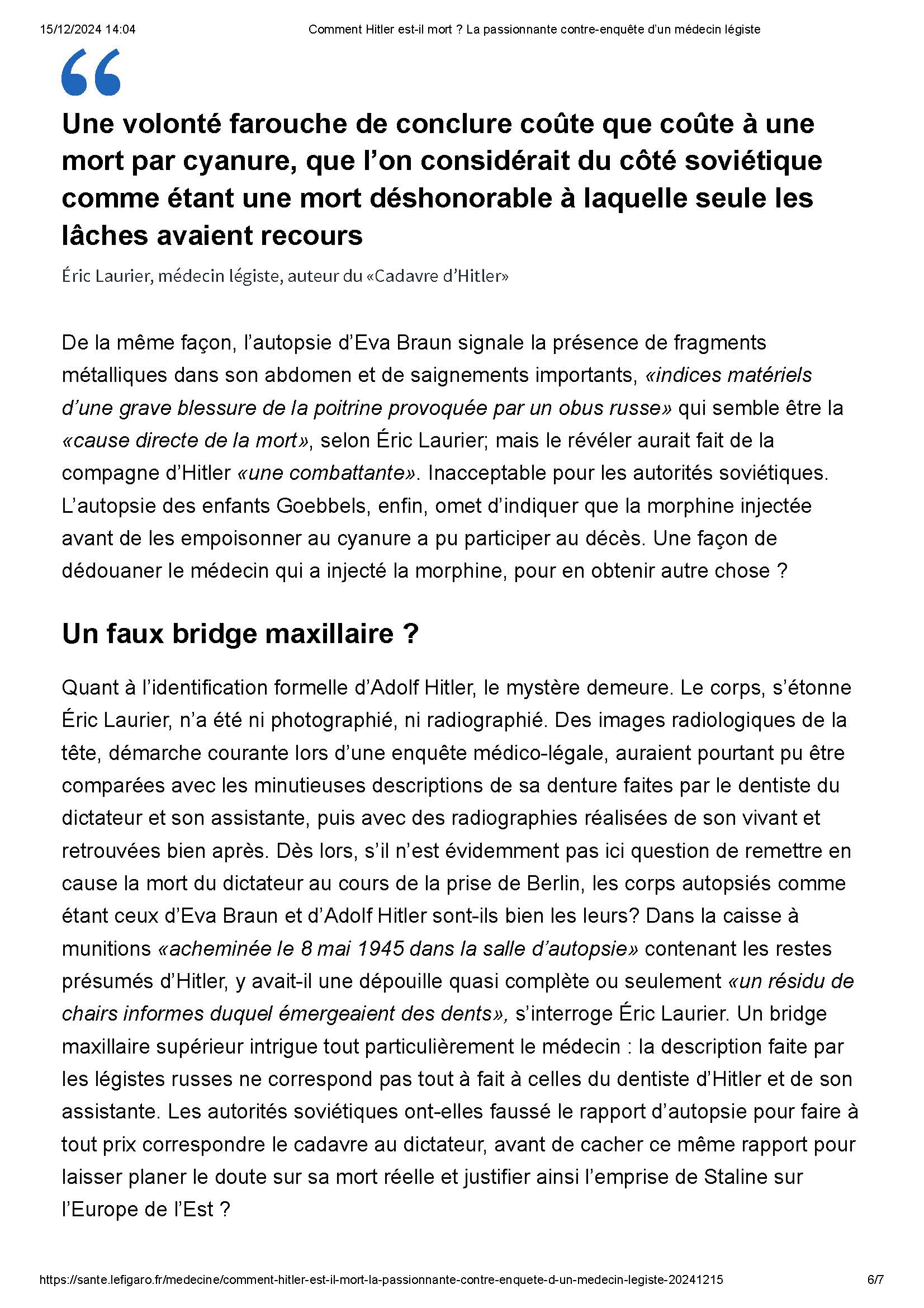 Illustration de Le cadavre d&rsquo;Hitler – les derniers secrets du corps 12, dans le figaro du 15 décembre 2024